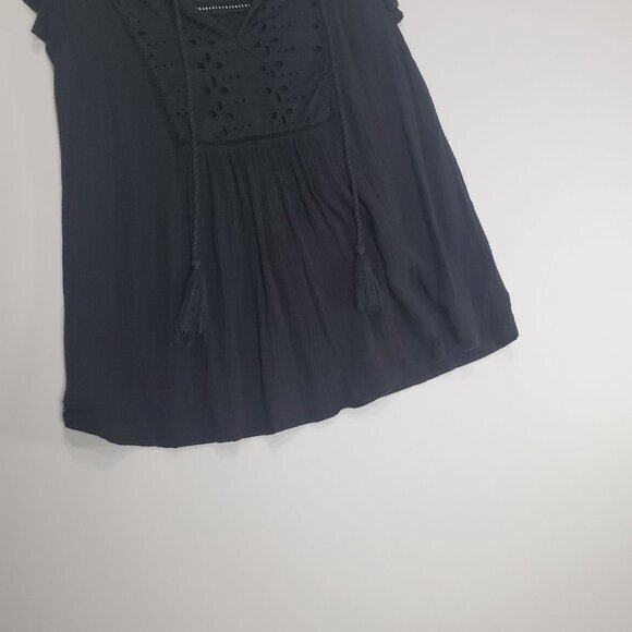 GAP Womens Blouse XSmall Key Holes Short Flutter Sleeves Semi-Sheer Tassels Boho - Picture 7 of 8